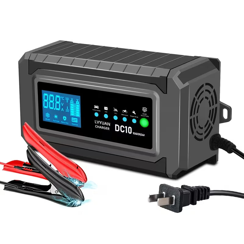 Cargador de Batería 10 Amperios 12V y 5 Amperios 24V, Cargador Inteligente Automático