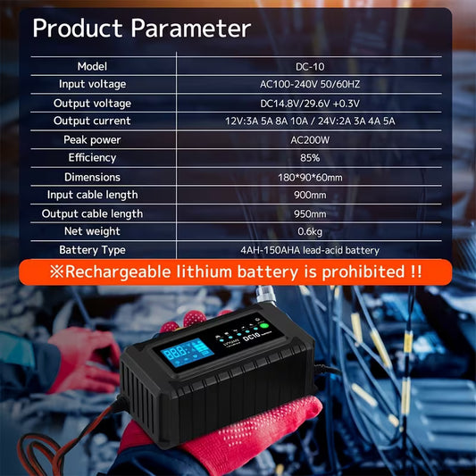 Cargador de Batería 10 Amperios 12V y 5 Amperios 24V, Cargador Inteligente Automático
