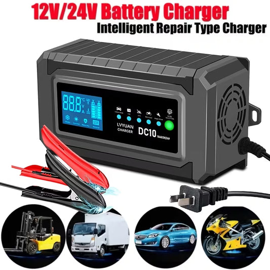 Cargador de Batería 10 Amperios 12V y 5 Amperios 24V, Cargador Inteligente Automático