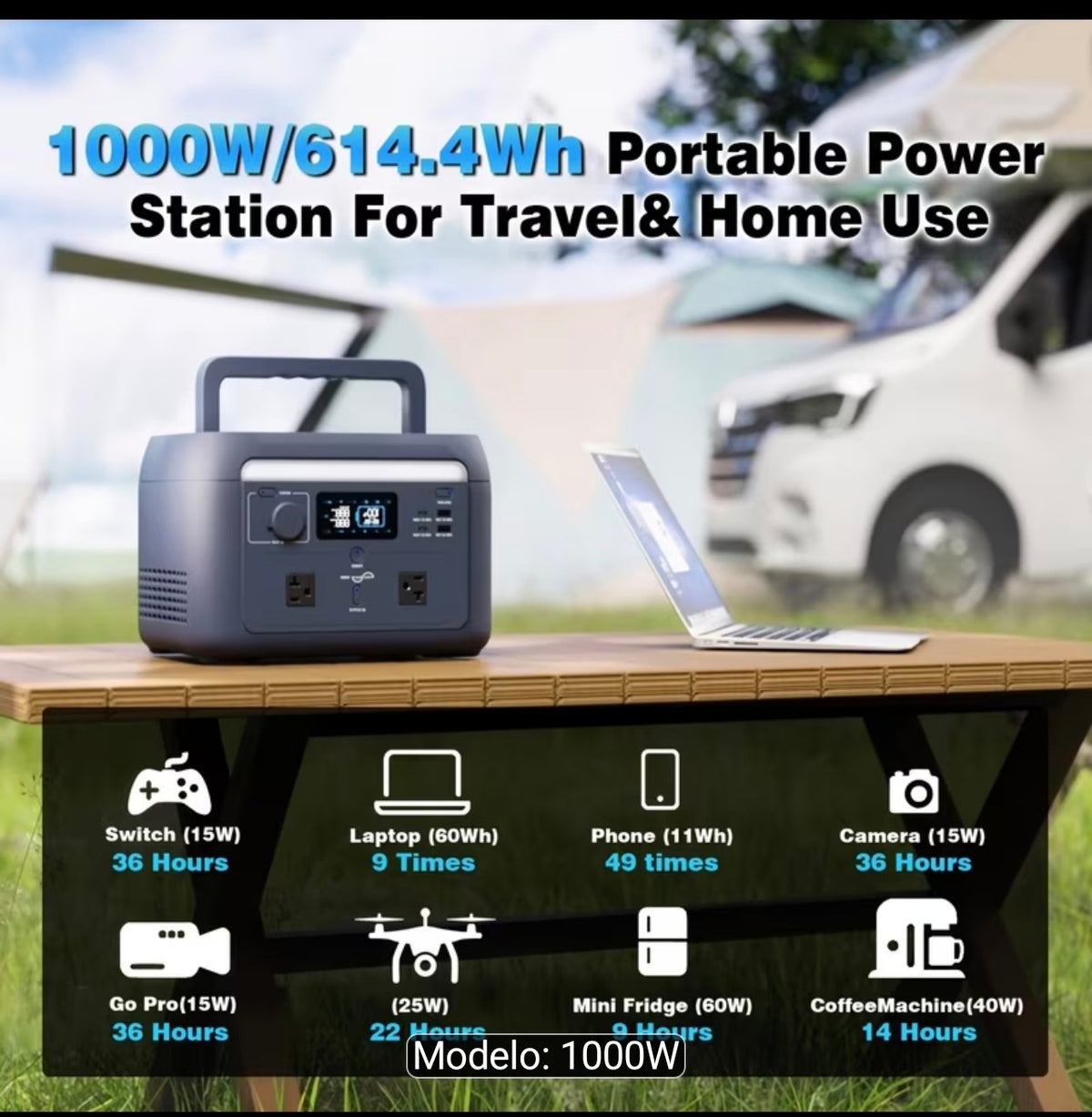 Estación De Carga 1000w Con función UPS, Batería de 614Wh